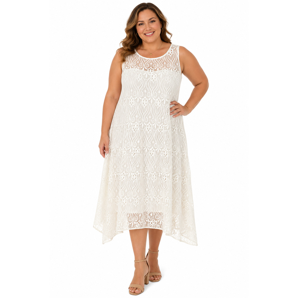 Signature Robbie Bee Ivory Lace Illusion Sleeveless Midi Dress Asymmetrical 1X